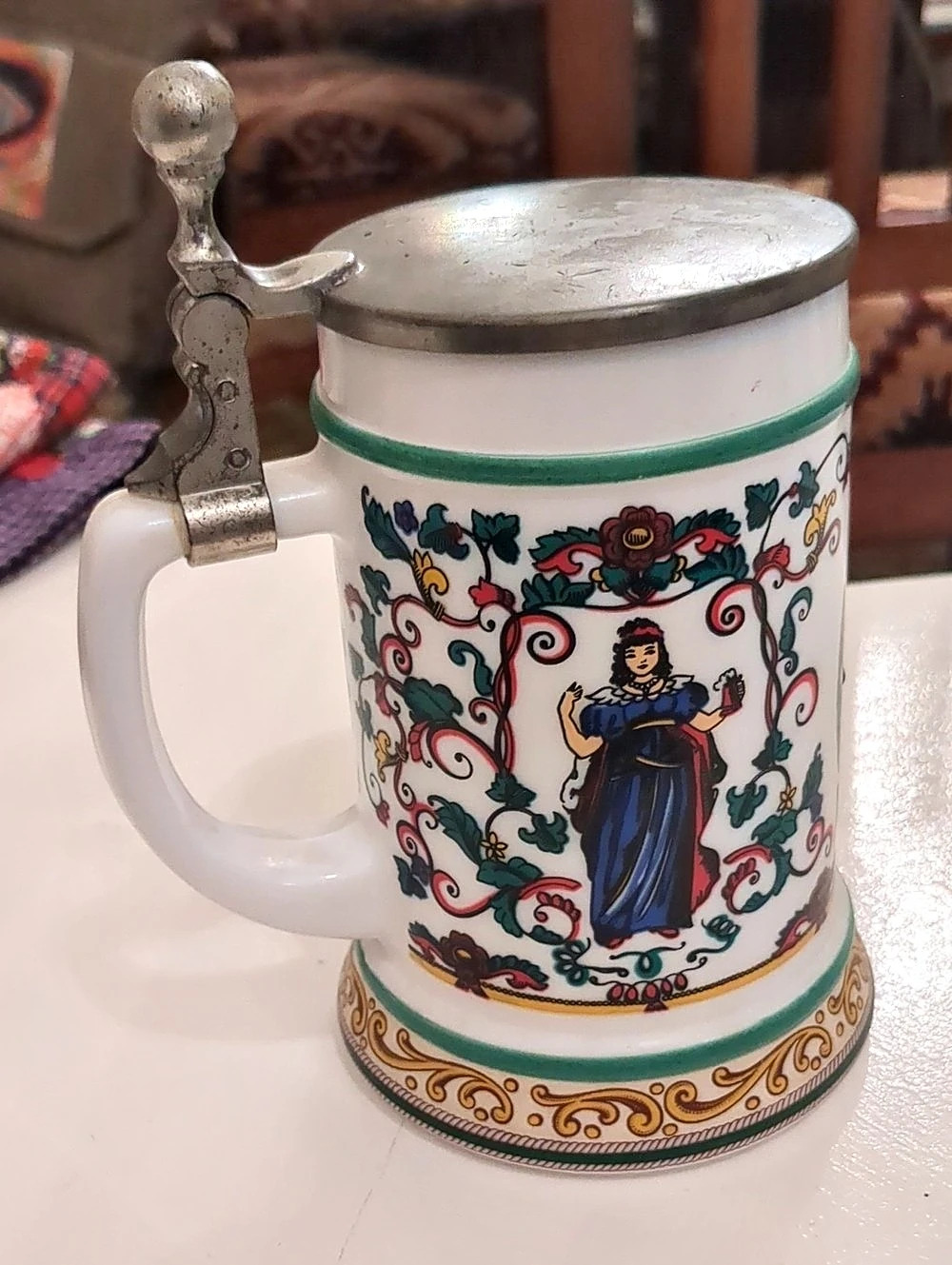 Original King Lidded Beer Stein Floral White & Green
